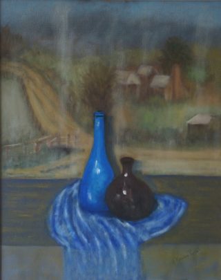 An Oil painting by John Vander Reest depicting Still Life Vases with main colour being Blue and Brown and titled In front of window