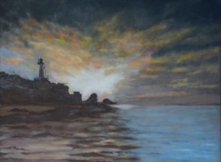 An Oil painting by John Vander Reest depicting Landscape Sunrise and Water with main colour being Blue and Brown and titled The Dawning of the Light