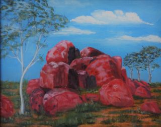 An Oil painting by John Vander Reest depicting Landscape Rocks with main colour being Blue and Red and titled The Devils’ Marbles