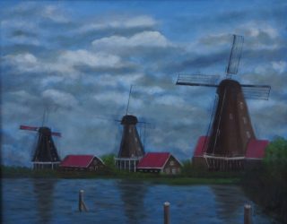 An Oil painting by John Vander Reest Water with main colour being Brown and titled The Three Windmills
