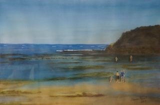 A Watercolour painting by John Vander Reest depicting Beach with main colour being Blue Brown and Ochre and titled On the beach at Point Lonsdale