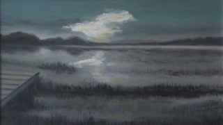 An Oil painting by John Vander Reest depicting Seascape Water with main colour being Blue and Grey and titled Evening Light