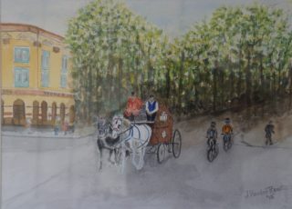 A Watercolour painting by John Vander Reest depicting Landscape Buildings and People and titled Young and Jackson