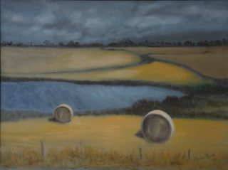 An Oil painting by John Vander Reest depicting Landscape Rural with main colour being Blue and Ochre and titled Hay Bales