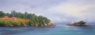 An Oil painting by Gordon Rossiter in the Realist Impressionist style  depicting Landscape Beach Lighthouse and Rocks with main colour being Blue and titled "Hells Gate Macquarie Harbour"