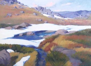 An Oil painting by Gordon Rossiter in the Realist Impressionist style  depicting Landscape Mountains Rocks and Rural with main colour being Ochre White and Yellow and titled "High country stream"