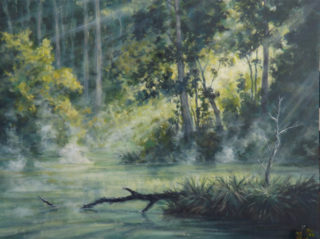 An Acrylic painting by John Duncan depicting River Bush and Trees and titled Mist On The Lefroy