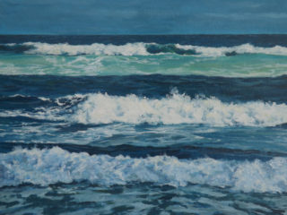 An Acrylic painting by John Duncan depicting Beach Water and Waves with main colour being Blue and titled Salmon Beach