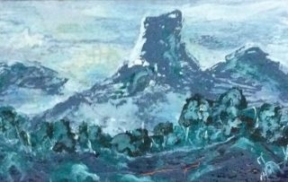 A Mixed Media painting by June McCotter in the Contemporary style  depicting Landscape Mountains with main colour being Blue and titled Glass House Mountains