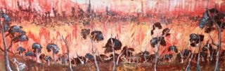 A Mixed Media painting by June McCotter in the Contemporary style  depicting Landscape Bush and Fire with main colour being Brown Pink and Red and titled Hot Land