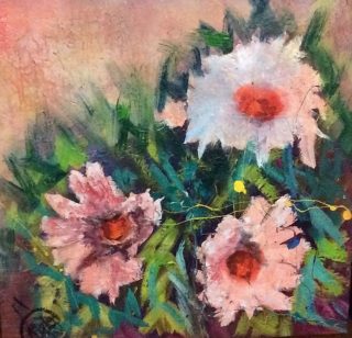 A Mixed Media painting by June McCotter in the Contemporary style  Flowers with main colour being Green and Pink and titled In Bloom