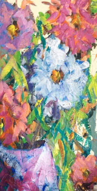 A Mixed Media painting by June McCotter in the Contemporary style  depicting Flowers with main colour being Blue Green and Pink and titled Wow