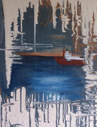 A Mixed Media painting by June McCotter in the Semi-Abstract style  depicting Boats with main colour being Blue Brown and Grey and titled The Last Voyage