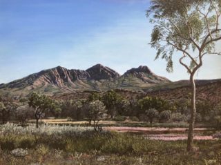 An Acrylic painting by Richard Rosebery‎ in the Realist style  depicting Landscape Outback with main colour being Blue and Brown and titled Mt Sonder Sentinel