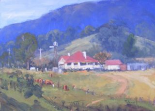 An Oil painting by Trish Bennett in the Realist Impressionist style  depicting Landscape Farmland with main colour being Blue Green and Purple and titled Bessbrook Cottage
