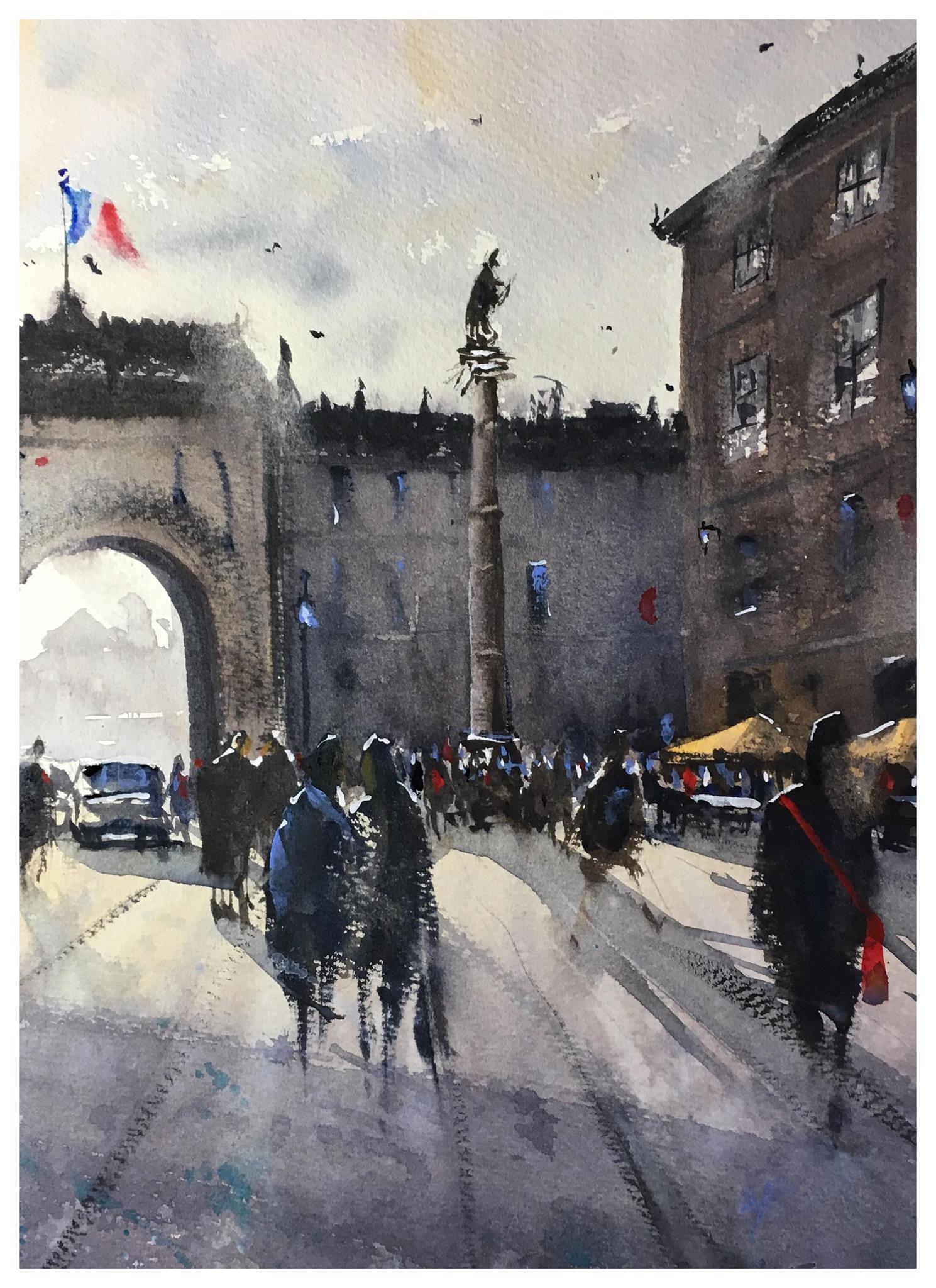 Watercolour Painting by Tony WHite titled A market in France