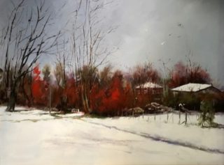 An Oil painting by Joan Denner in the Realist style  depicting Landscape Buildings Snow and Trees with main colour being Blue Brown and Red and titled Snow on the Ground NZ