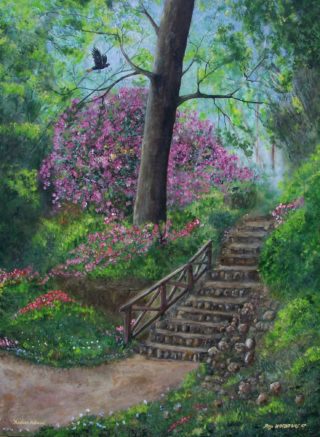 An Acrylic painting by Rex Woodmore in the Contemporary Realist style  Birds Bush and Flowers with main colour being Blue Brown and Green and titled Araluen Abloom.