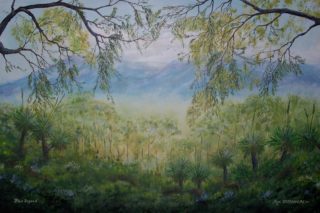 An Acrylic painting by Rex Woodmore in the Contemporary style  depicting Landscape Bush Mountains and Outback with main colour being Blue and Green and titled Blue Beyond