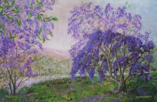 An Acrylic painting by Rex Woodmore in the Contemporary Realist style  depicting Flowers River and Trees with main colour being Green and Purple and titled Busy Beauty