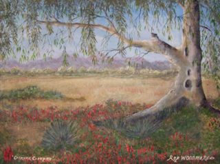 An Acrylic painting by Rex Woodmore in the Contemporary style  depicting Flowers Bush and Farmland with main colour being Blue Brown and Green and titled Crimson Creeper