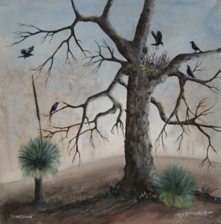 An Acrylic painting by Rex Woodmore in the Contemporary Realist style  depicting Landscape Birds Bush and Outback with main colour being Black Brown and Green and titled Crow Crowd