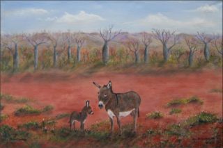 An Acrylic painting by Rex Woodmore in the Contemporary Realist style  depicting Desert Animals and Bush with main colour being Blue Brown and Ochre and titled Desert Donkeys