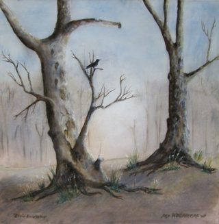 An Acrylic painting by Rex Woodmore in the Contemporary Realist style  depicting Landscape Birds Bush and Farmland with main colour being Brown Green and Grey and titled Eerie Eucalyptus