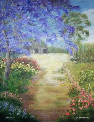 An Acrylic painting by Rex Woodmore in the Contemporary Realist style  depicting Landscape Buildings Clouds and Farmland with main colour being Blue Green and Pink and titled Farm Flowers