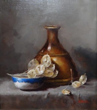 An Oil painting by Joan Denner in the Realist Impressionist style  depicting Still Life Flowers and Jugs with main colour being Blue Brown and Grey and titled Honesty