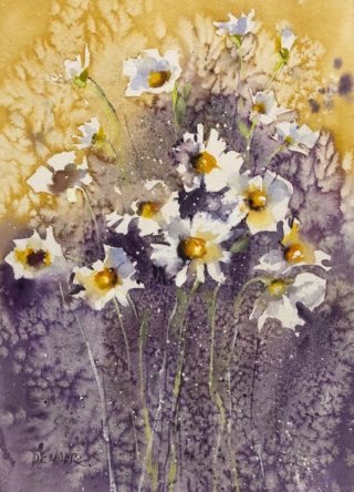 A Watercolour painting by Joan Denner in the Contemporary Realist style  depicting Flowers with main colour being Purple White and Yellow and titled Daisies