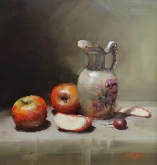 An Oil painting by Joan Denner in the Realist Impressionist style  depicting Still Life Fruit and Jugs with main colour being Grey and Red and titled Ornamental Jug