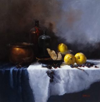 An Oil painting by Joan Denner in the Realist style  depicting Still Life Drapery Fruit and Jugs with main colour being Purple White and Yellow and titled Quinces