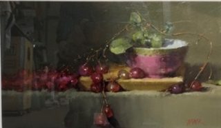 An Oil painting by Joan Denner depicting Still Life Fruit and titled Still Life with Pink Bowl & Grapes