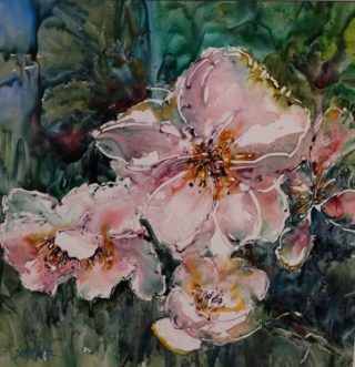 A Watercolour painting by Joan Denner depicting Flowers with main colour being Pink and titled Pink