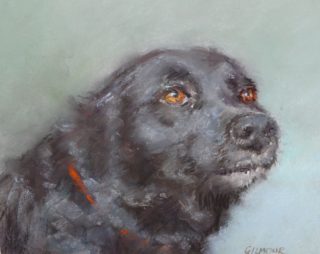 A Pastel painting by Joan Denner in the Realist style  depicting Animals Dogs with main colour being Black Blue and Brown and titled Bessie