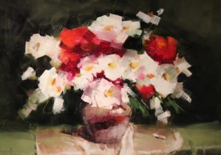 An Oil painting by Joan Denner in the Contemporary style  depicting Flowers with main colour being Black Pink and Red and titled Mixed Bunch