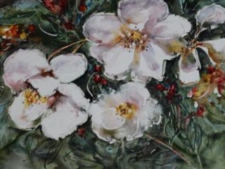 A  painting by Joan Denner depicting Flowers with main colour being Green and Pink and titled Pink Flowers