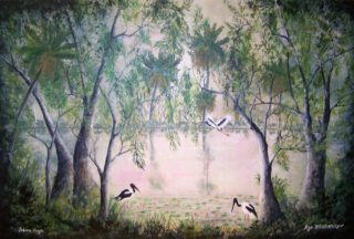 An Acrylic painting by Rex Woodmore in the Contemporary Realist style  depicting Birds Bush and Outback with main colour being Black Green and Pink and titled Jabiru Jungle