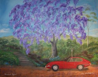 An Acrylic painting by Rex Woodmore in the Contemporary Realist style  depicting Landscape Bush Flowers and Rocks with main colour being Blue Green and Ochre and titled Jacaranda Jaguar