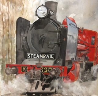 A Watercolour painting by Jeff Gilmour in the Realist style  Trains with main colour being Grey and Red and titled Steam Rail 190 Train