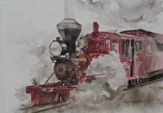 A Watercolour painting by Jeff Gilmour in the Realist style  Trains with main colour being Black Grey and Red and titled Puffing Billy