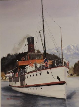 A Watercolour painting by Jeff Gilmour in the Realist style  depicting Boats with main colour being Brown Grey and Red and titled Earnslaw NZ