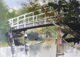 A Watercolour painting by Jeff Gilmour depicting Bridge and titled Bridge over Kananook Creek, Frankston