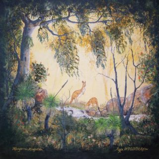 An Acrylic painting by Rex Woodmore in the Contemporary Realist style  depicting Animals Bush and Creek with main colour being Black Brown and Green and titled Kangaroo Kingdom