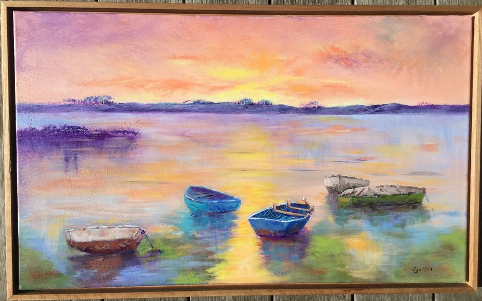 Acrylic Painting by Lyn Ellis titled Sunset on Swan Bay