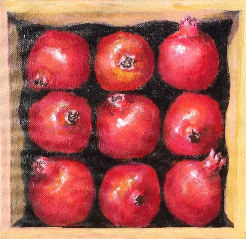 Acrylic Painting by Lyn Ellis titled Box of Pomegranates