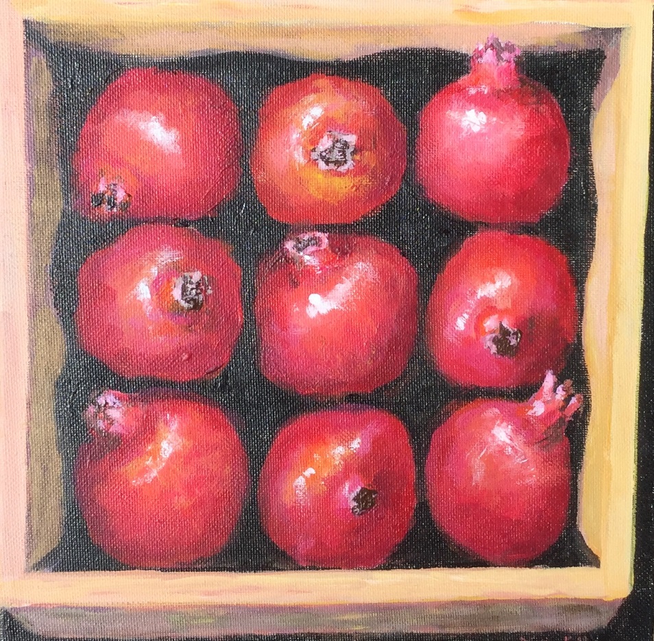 Acrylic Painting by Lyn Ellis titled Box of Pomegranates