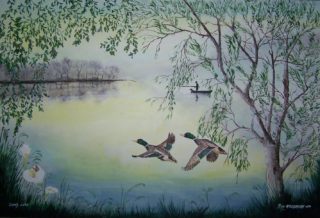 An Acrylic painting by Rex Woodmore in the Contemporary Realist style  Animals Birds and Boats with main colour being Blue Brown and Green and titled Lovely Lake