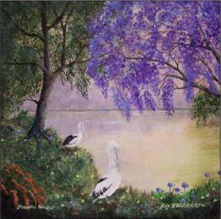 An Acrylic painting by Rex Woodmore in the Contemporary style  depicting Landscape Birds Bush and Creek with main colour being Green and Purple and titled Peaceful Pelicans. ​